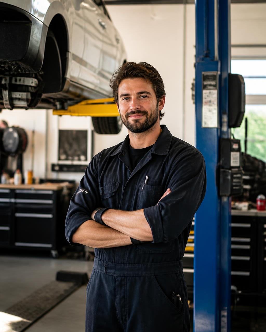 Automonteur in een moderne garagewerkplaats met een auto op de brug