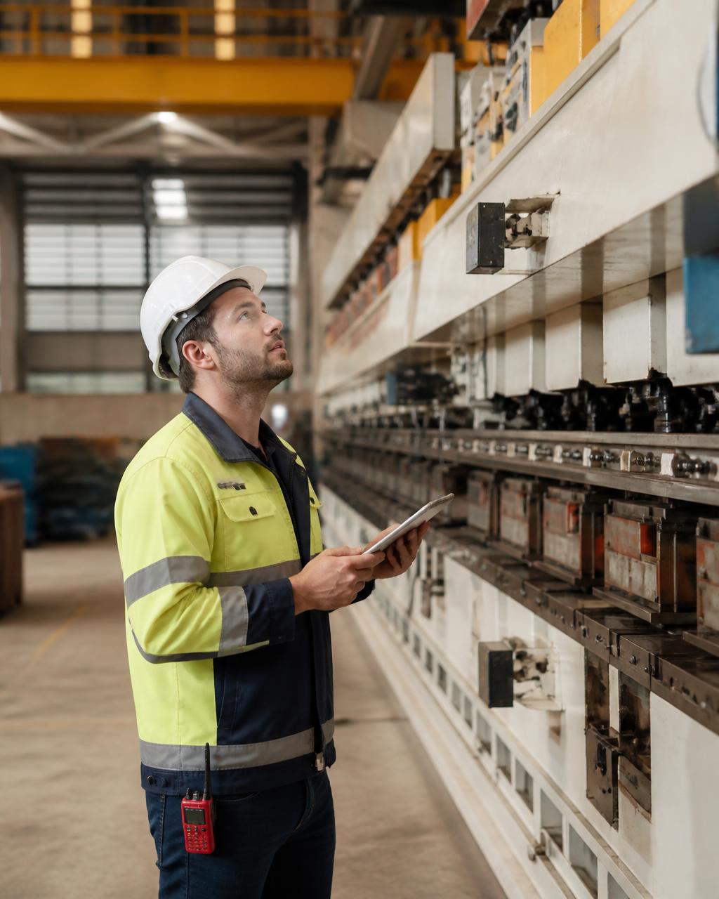 Technicus inspecteert een grote industriële productiemachine in een fabriekshal