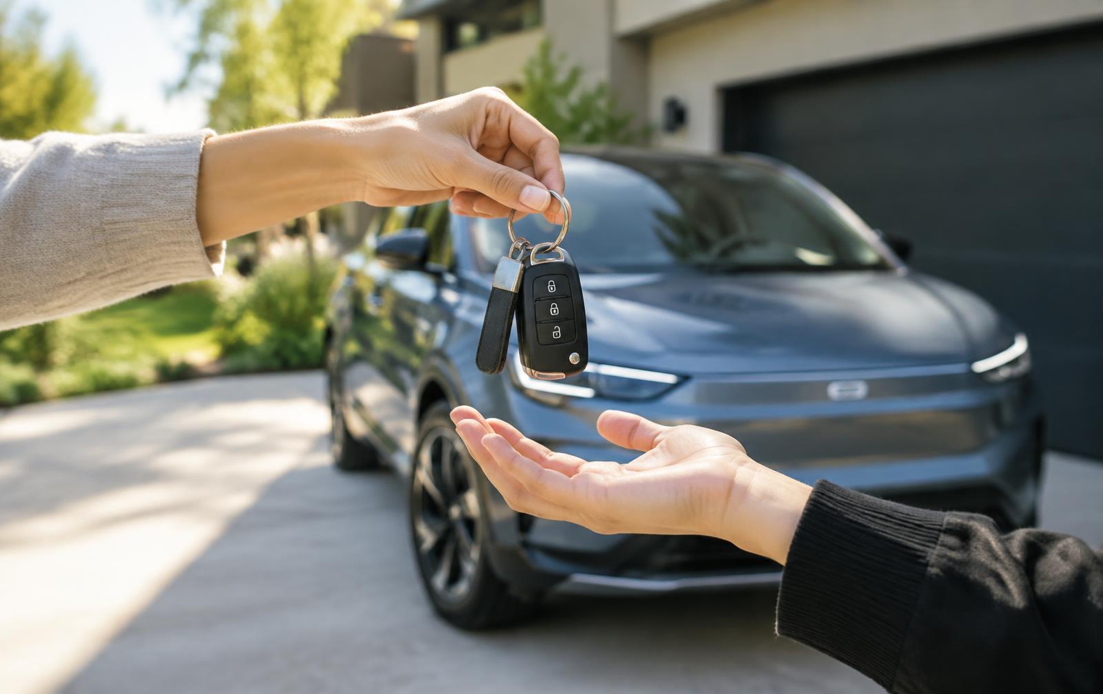 Autosleutels worden overhandigd naast een moderne elektrische auto